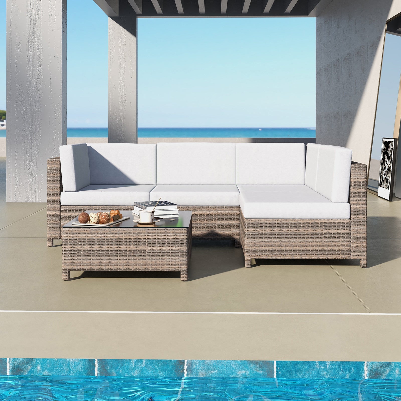 Milano Outdoor 5 PC Rattan Sofa Set Colour Oatmeal Seat & Black Coating (5 Boxes)-1927503928820371457