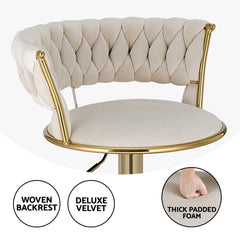 Artiss Set of 4 Bar Stools Gas Lift Velvet Woven Backrest Ivory