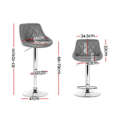 Artiss Set of 2 Bar Stools Leather Padded Gas Lift Grey