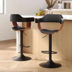 Artiss Set of 2 Bar Stools Gas Lift Leather w/Armrest All Black