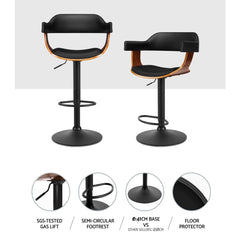 Artiss Set of 2 Bar Stools Gas Lift Leather w/Armrest All Black