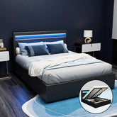 Artiss Cole LED Bed Frame PU Leather Gas Lift Storage - Black Double