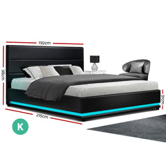 Artiss Lumi LED Bed Frame PU Leather Gas Lift Storage - Black King