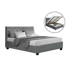 Artiss Vila Bed Frame Fabric Gas Lift Storage - Grey Double