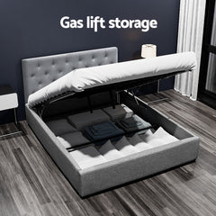 Artiss Vila Bed Frame Fabric Gas Lift Storage - Grey Double