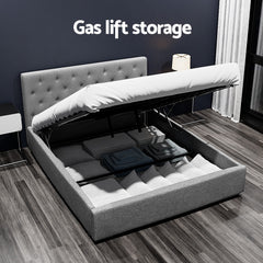 Artiss Vila Bed Frame Fabric Gas Lift Storage - Grey Queen