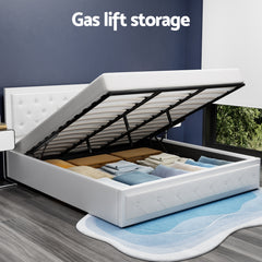 Artiss Bed Frame King Size Gas Lift Base With Storage White Leather Tiyo Collection