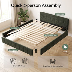 Artiss Double Bed Frame Chenille Heavy Duty Platform Base Green 300kg Support No
