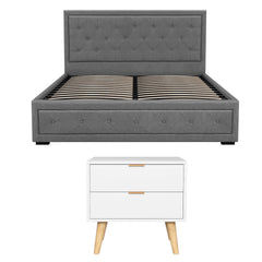 Artiss Upholstered Queen Gas Lift Storage Bed Frame with 2-Drawer Bedside Table Set