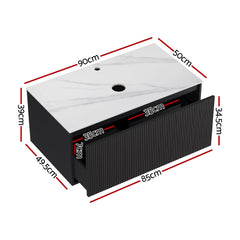 Cefito Vanity Unit 900mm Bathroom Cabinet Storage Wall Hung Grooved Timber Black