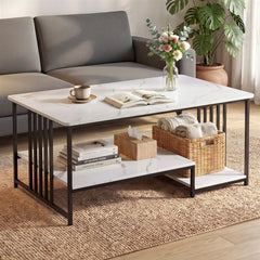 Artiss Coffee Table 100cm Faux Marble Finish Center Table 2-Tier Storage White&Black