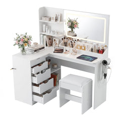 Artiss Dressing Table Corner Vanity Desk Set Stool LED Charging Station White