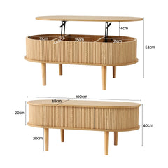 Artiss Lift Top Coffee Table Fluted Centre Table with Hidden Storage Oval 100cm