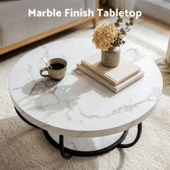 Artiss Coffee Table 2-Tier Marble Finish Round White&Black