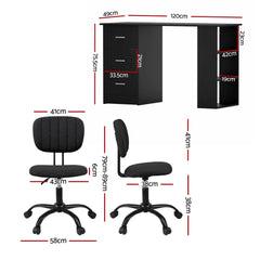Artiss Office Desk & Chair Set 120cm Computer Desk with 3 Drawers & Open Shelves, Ergonomic Armless Office Chair with Wheels, Height Adjustable for Home Office Study