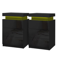 Artiss 2X Bedside Table LED 3 Drawers - COLEY Black