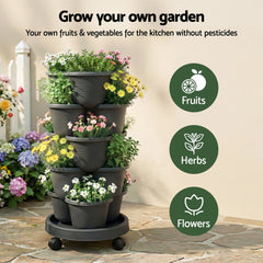 Green Fingers 5 Tier Vertical Garden Planter, Stackable Planters with 4 Wheels
