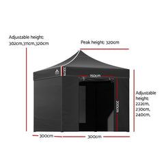 Instahut Gazebo Pop Up Marquee 3x3m Folding Tent Wedding Gazebos 500D Black