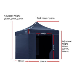 Instahut Gazebo Pop Up Marquee 3x3 Folding Tent Gazebos Camping 500D Oxford Navy