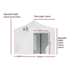 Instahut Gazebo Pop Up Marquee 3x3 Folding Tent Wedding Gazebos 500D White