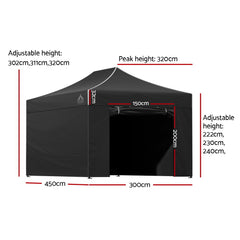 Instahut Gazebo Pop Up Marquee 3x4.5 Folding Tent Wedding Gazebos 500D Black
