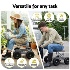 Gardeon Garden Cart Seat with Wheels, Rolling Work Stool with Tool Storage Tray, 440lbs (200kg) Heavy Duty Capacity Garden Stool for Outdoor Yard Work