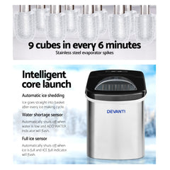 Devanti Ice Maker Machine Commercial Portable Ice Cube Nugget Tray Stainless Steel 2.4L