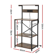 Artiss 4-Tier Kitchen Rack with 2 Power Outlets 6 Hooks Microwave Storage Shelf