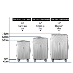 Wanderlite 3 Set Luggage 20-24-28 Inch Suitcase with TSA Lock Carry On Hard Shell Travel Luggage Organiser Case Silver