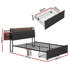 Artiss Metal Bed Frame Double Size with 2-Tier Hidden Storage with Charging