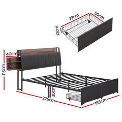 Artiss Metal Bed Frame King Size with 2-Tier Hidden Storage with Charging