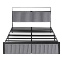 Artiss Metal Bed Frame Queen Size LED Charging Station 2 Drawers