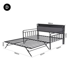 Artiss Bed Frame Double LED Metal Trundle Daybed with Charging Station TURN
