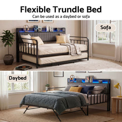 Artiss Bed Frame King Single LED Metal Trundle Daybed with Charging Station TURN