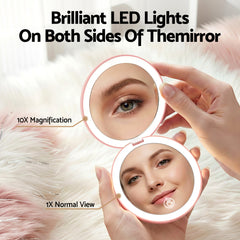 Embellir LED Compact Mirror Lighted Travel Makeup Mirror Pocket-Sized 1x 10x Magnification Round Pink