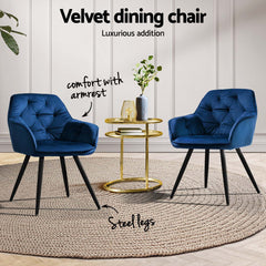 Artiss Dining Chairs Set of 4 Velvet Diamond Tufted Armchair Blue