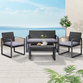 Gardeon 4 PCS Outdoor Sofa Set Rattan Furniture Glass Top Table Chairs Black