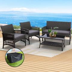 Gardeon 4 Piece Outdoor Sofa Set with Storage Cover Wicker Harp Chair Table Grey