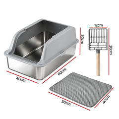 i.Pet Cat Litter Box Stainless Steel Large Semi-Enclosed Pet Kitty Toilet Grey