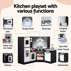 Keezi Kids Wooden Kitchen Playset 29pc Food Set Black White