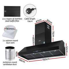 Devanti 1500mm Commercial BBQ Range Hood Dual Motor W/Remote Control Black