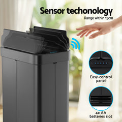 Devanti Rubbish Bin 70L Automatic Sensor Kitchen Bin, Slim Smart Garbage Can Touchless Rectangular with Liner Holder, Fully Closed Lid for Bedroom, Ba