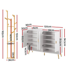 Artiss Shoe Rack Cabinet & Clothes Rack Set Storage Shelf White Pine