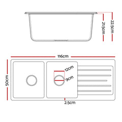 Cefito Kitchen Sink 116x50cm Granite Stone Sink Double Bowl Black
