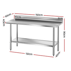 Cefito Stainless Steel  Kitchen  Bench w/ Splashback 1500x600MM 430