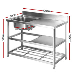 Cefito Stainless Steel Kitchen Bench Work Table with Sink Splashback 120cm