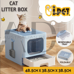 i.Pet Cat Litter Box Large Tray Kitty Toilet Enclosed Hooded Foldable Cat Litter Box Scoop Blue