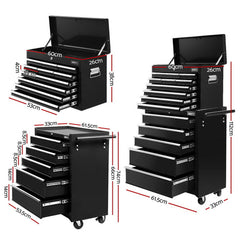 Giantz 15 Drawers Tool Chest Trolley Toolbox 2-in-1 Storage Black