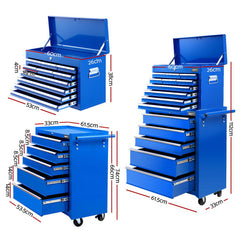 Giantz 15 Drawers Tool Chest Trolley Toolbox 2-in-1 Storage Blue