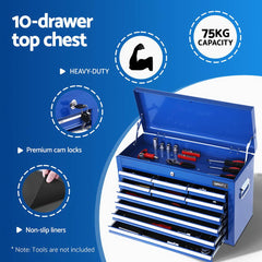 Giantz 15 Drawers Tool Chest Trolley Toolbox 2-in-1 Storage Blue